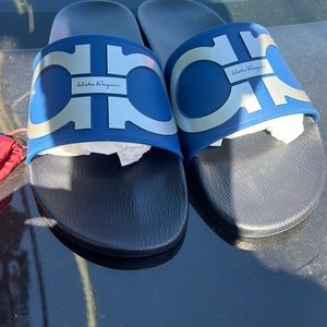 Blue and black ferragamo slides. Have never been worn.